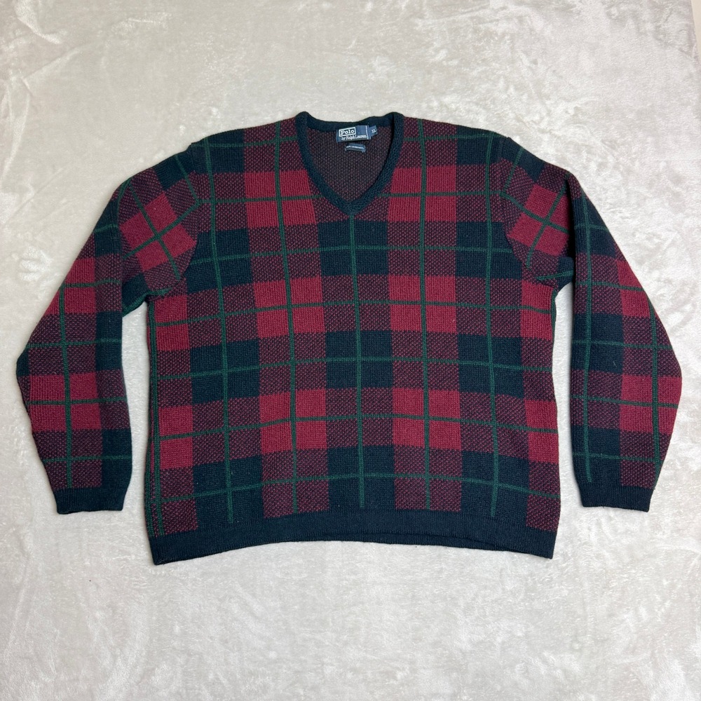 Vintage 90s Polo Ralph Lauren Lambswool Sweater Mens XL Plaid Preppy V-Neck EUC